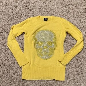 e.vil queen of evil cashmere yellow long sleeve rhinestone skull sweater small
